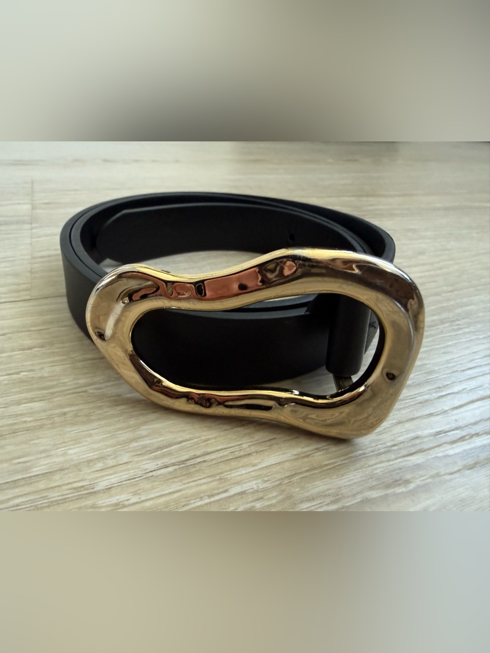 Black Leather Belt with Sculpted Gold-Tone Buckle- XS/S